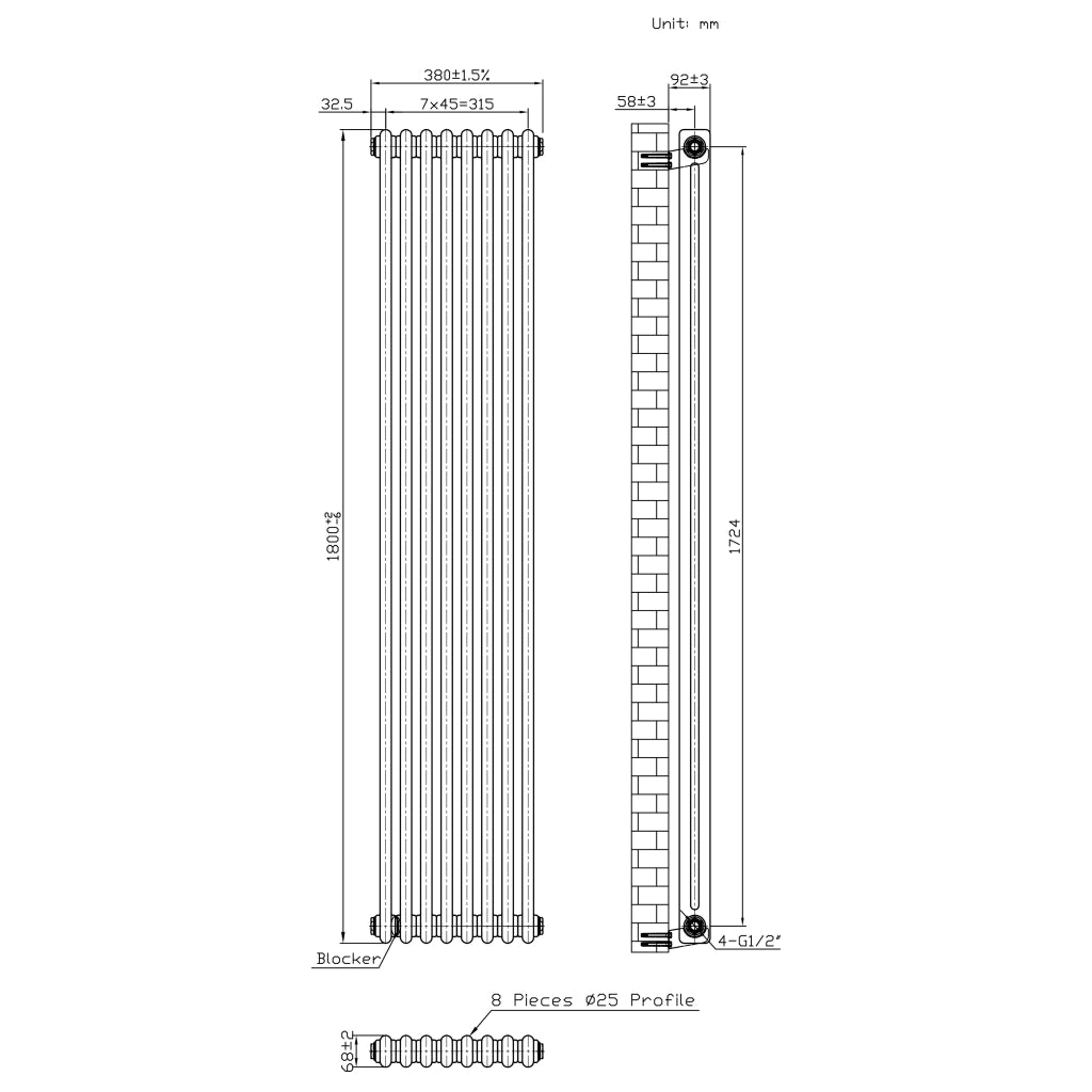 Radiatore 2 Colonne Verticale Metallo Grezzo 1800x380 mm