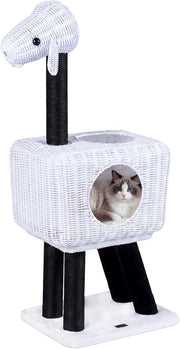 Albero Tiragraffi per Gatti, Tiragraffi per Gatti in Rattan con Grotta, 5 Pali Tiragraffi in Sisal, Cuscino Morbido e Pompon, Cuccia per Gatti da Interno a Forma di Pecora, 47 x 35,5 x 110 cm