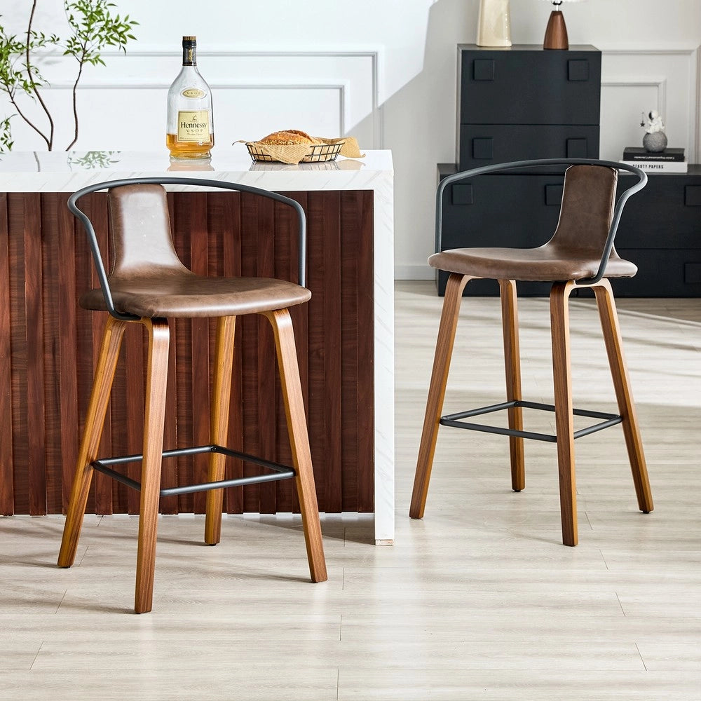 Set 2 Sgabelli da Bar con Braccioli ¨C MINIMAL ¨C Tessuto Teddy/Similpelle, Gambe in Legno, Poggiapiedi in Metallo