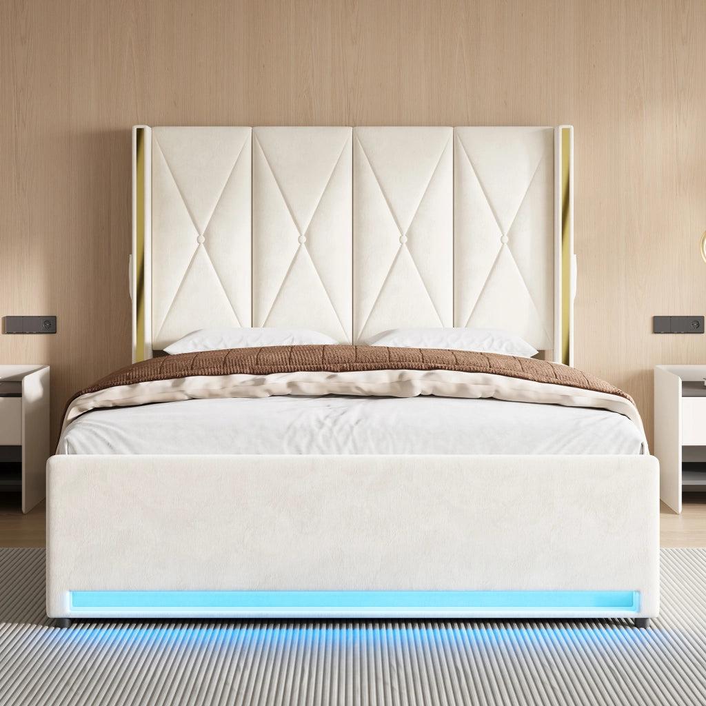 LETTO Contenitore 160x200 cm in Velluto Beige con USB, LED e tasche laterali
