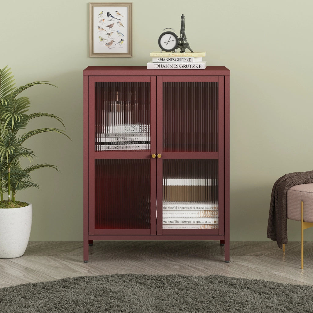 Credenza Säkylä Comò con Ante in Vetro Scanalato 84x64x35 cm Rosso Vino [en.casa]