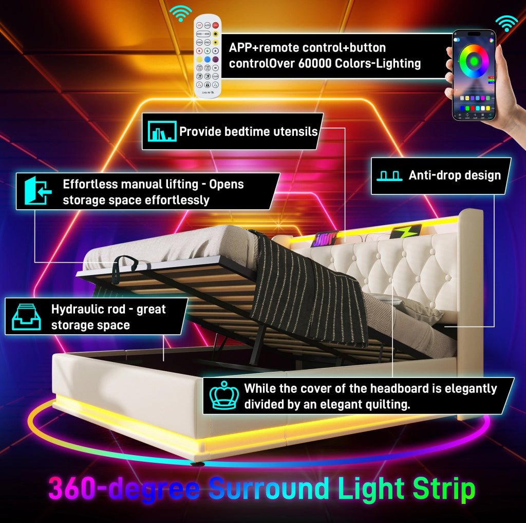 Letto imbottito con LED 360, vano contenitore e USB Type-C 140x190 bianco