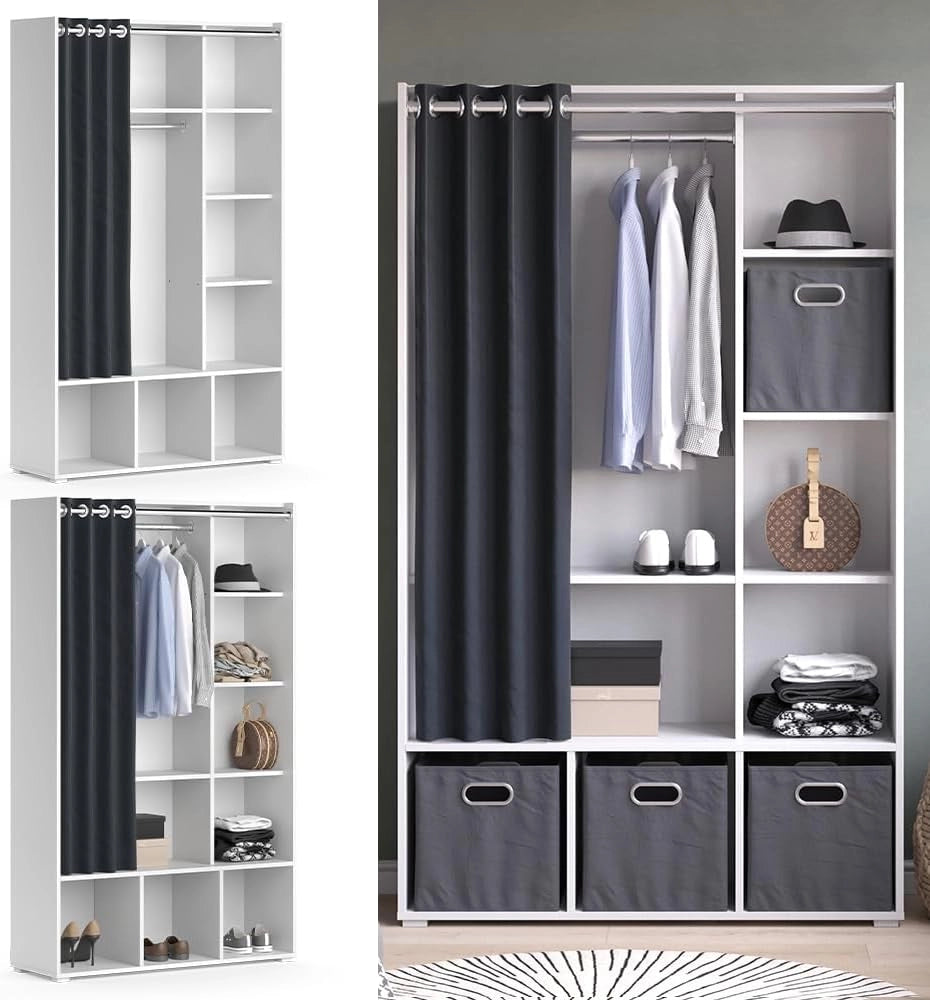 Armadio multifunzione Luigi, Bianco, 38 x 178.1 cm con binario per tendeper uno stoccaggio flessibile