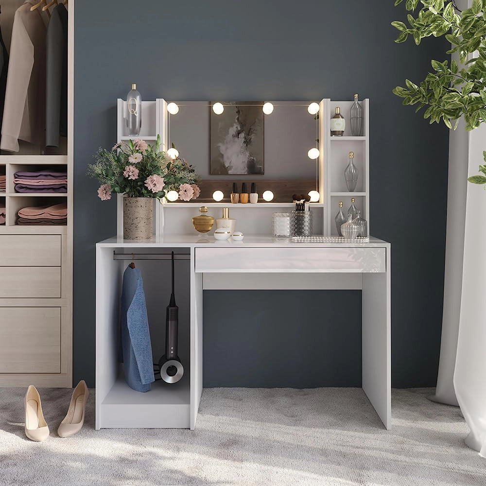 Tavolo da toeletta Sherry, Bianco/bianco lucido, 119.8 cm 4 parti, con illuminazione LED e grande specchio integrato