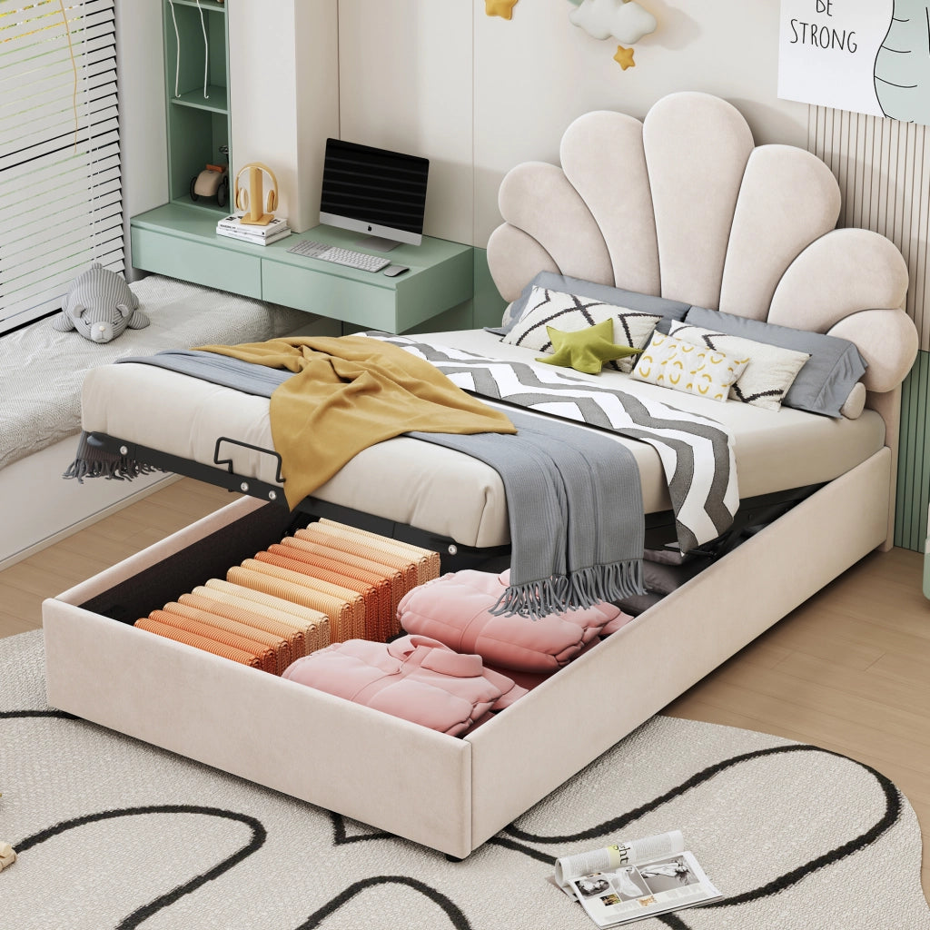 Letti contenitori 90x200 cm; contenitore idraulico; velluto; beige (Senza materasso)
