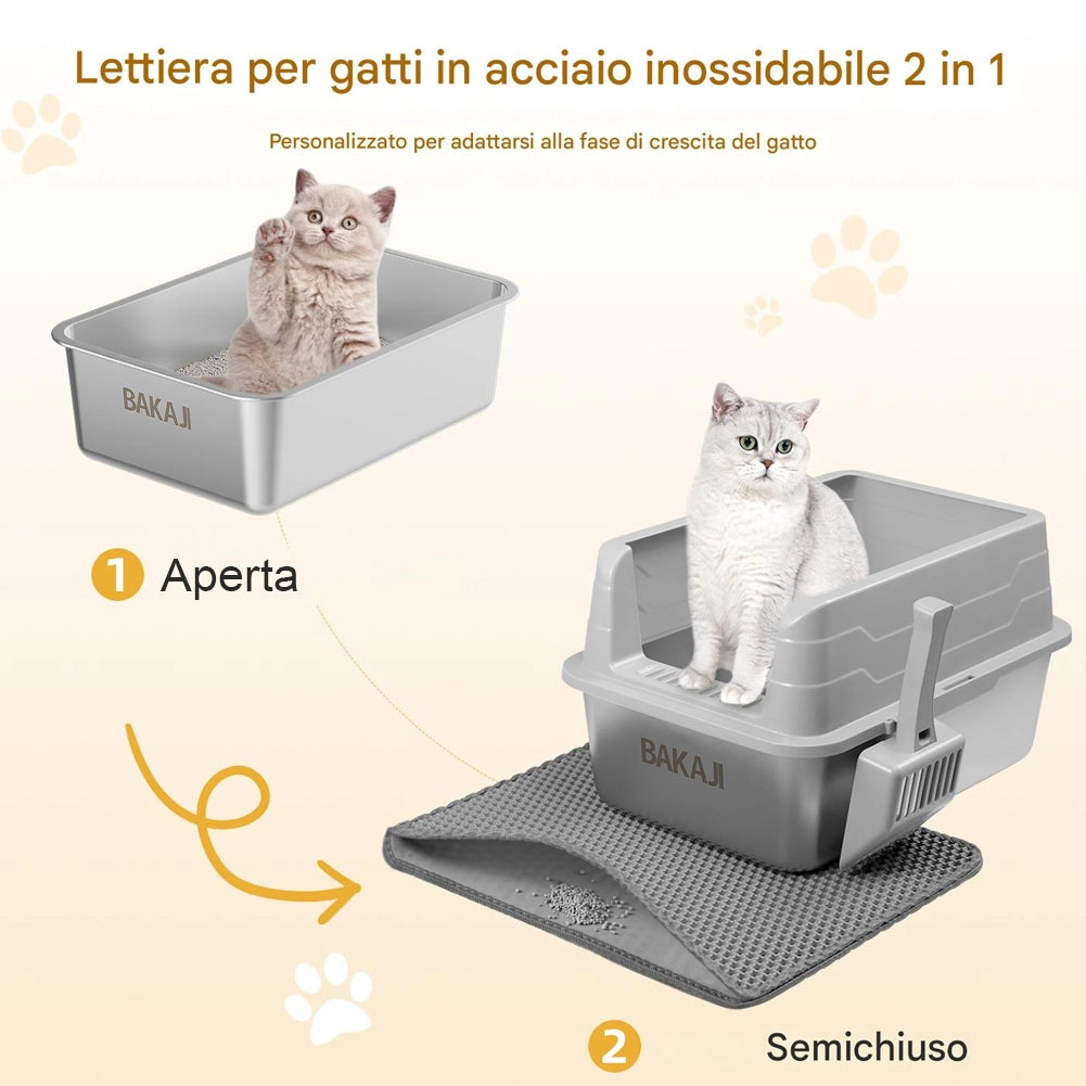 Lettiera per Gatti Grigio in Acciaio con Tappetino Capacità 25 Litri con Paletta