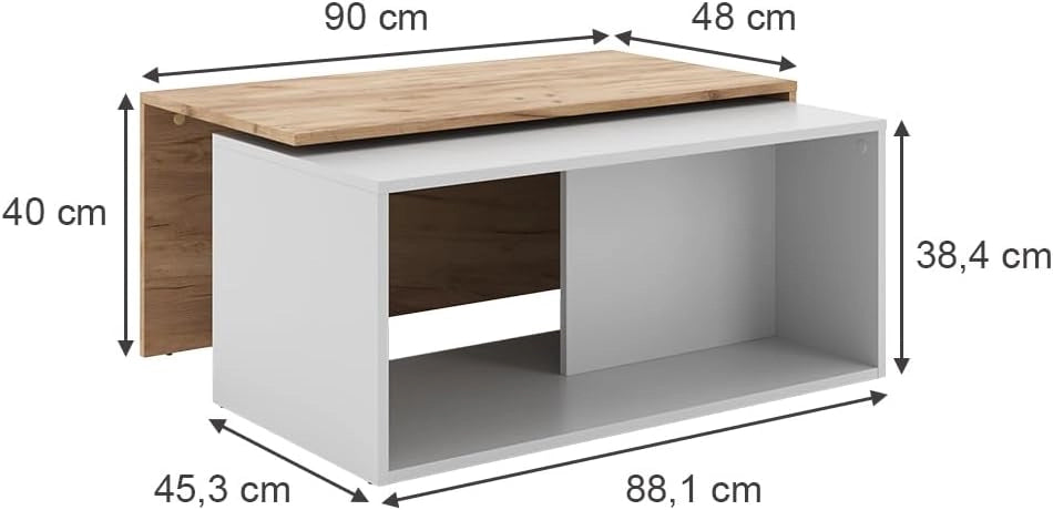Tavolino da salotto Paul, Rovere bianco/dorato, 90 x 48 cm, con piano girevole e ripiano aggiuntivo