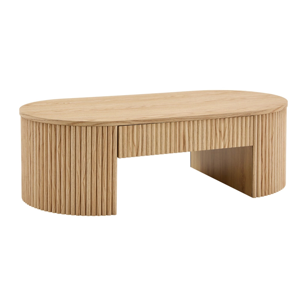 Tavolino da caffè 118x65x17 cm con cassetto e finitura scanalata in MDF naturale