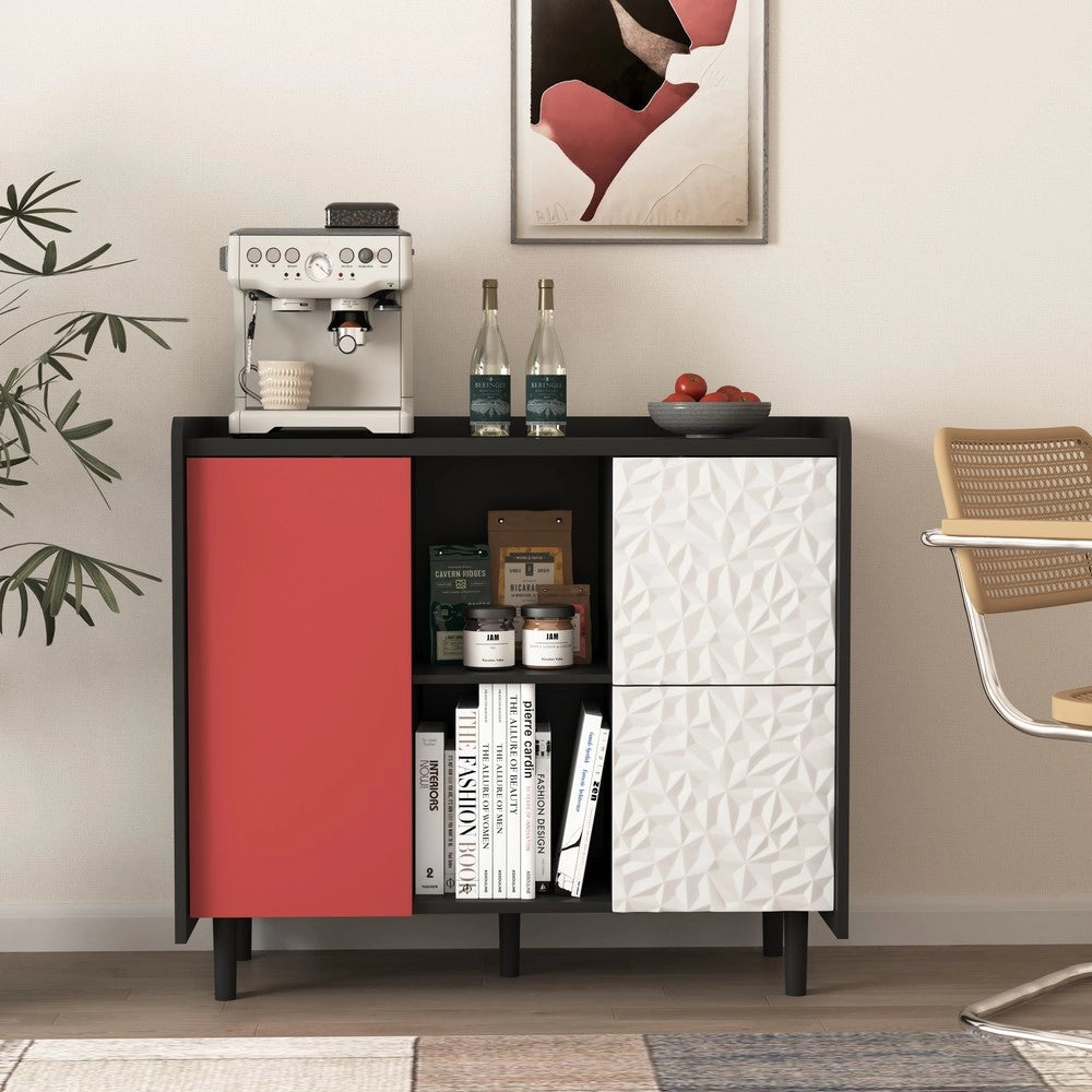 Credenza Buffet ¨C MINIMAL ¨C Nero, Ante Rosse, 2 Cassetti, Design Moderno