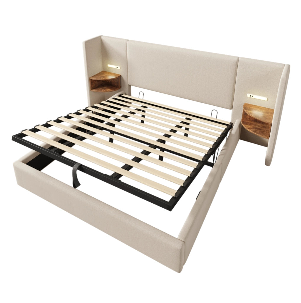 Letto contenitore 180x200 cm con testiera multifunzione; luce lettura e USB in lino beige