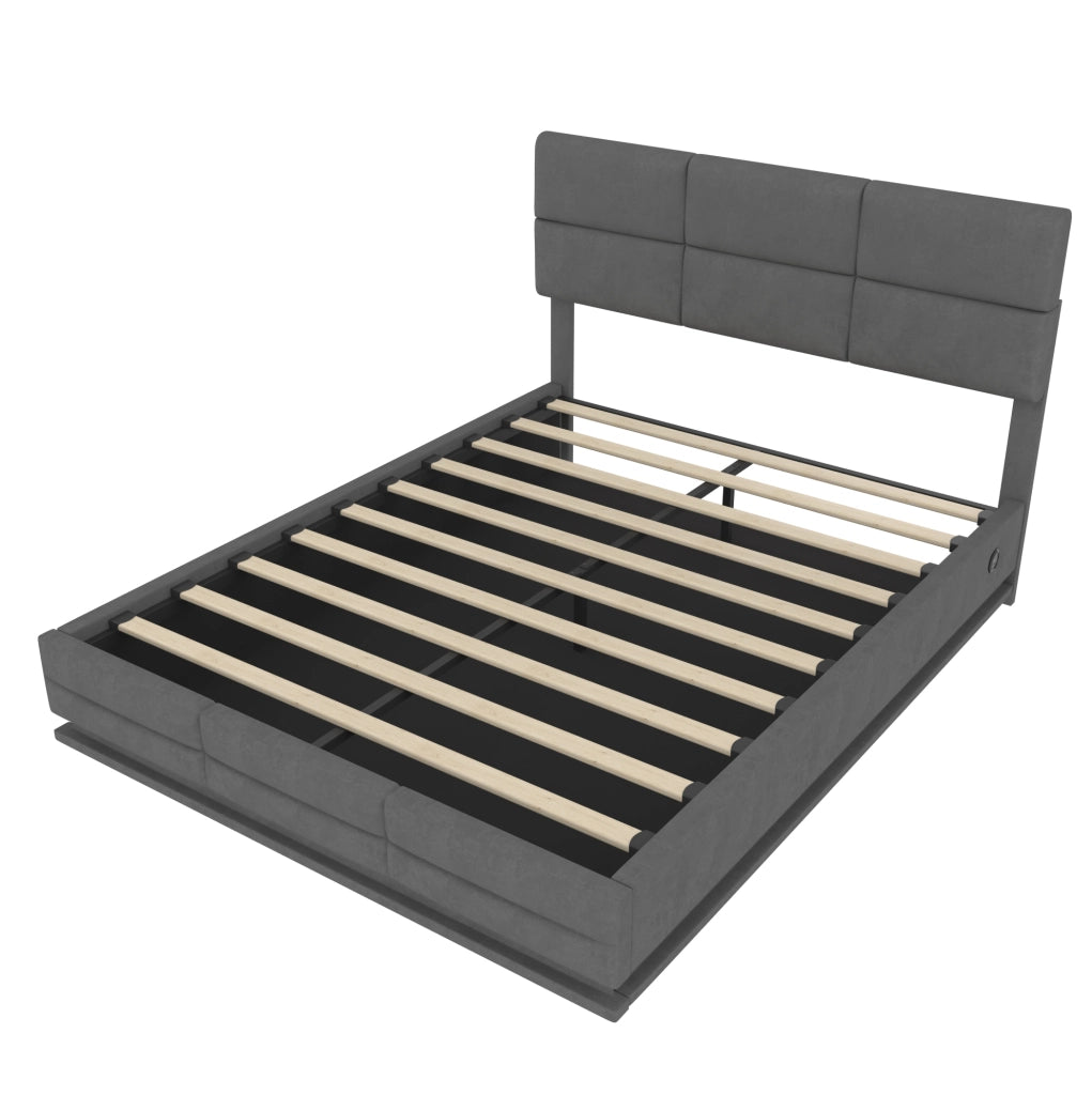Letto 140x200 cm con testiera regolabile; LED; USB e contenitore in velluto grigio scuro