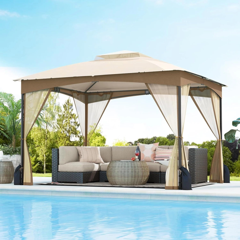 Gazebo da Giardino 3 x 3,6 m, Gazebo con Zanzariera a Doppia Copertura con Sacchetti di Sabbia e Picchetti a Terra, Tenda Impermeabile con Struttura in Metallo per Prato (Kaki)