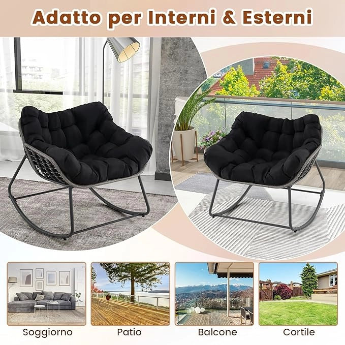 Sedia a Dondolo da Esterno, Poltrona in PE Vimini con Cuscino Rimovibile, Poltrona Relax in Rattan con Struttura in Metallo, per Soggiorno, Balcone, Giardino, Portata 150 kg (Nero)