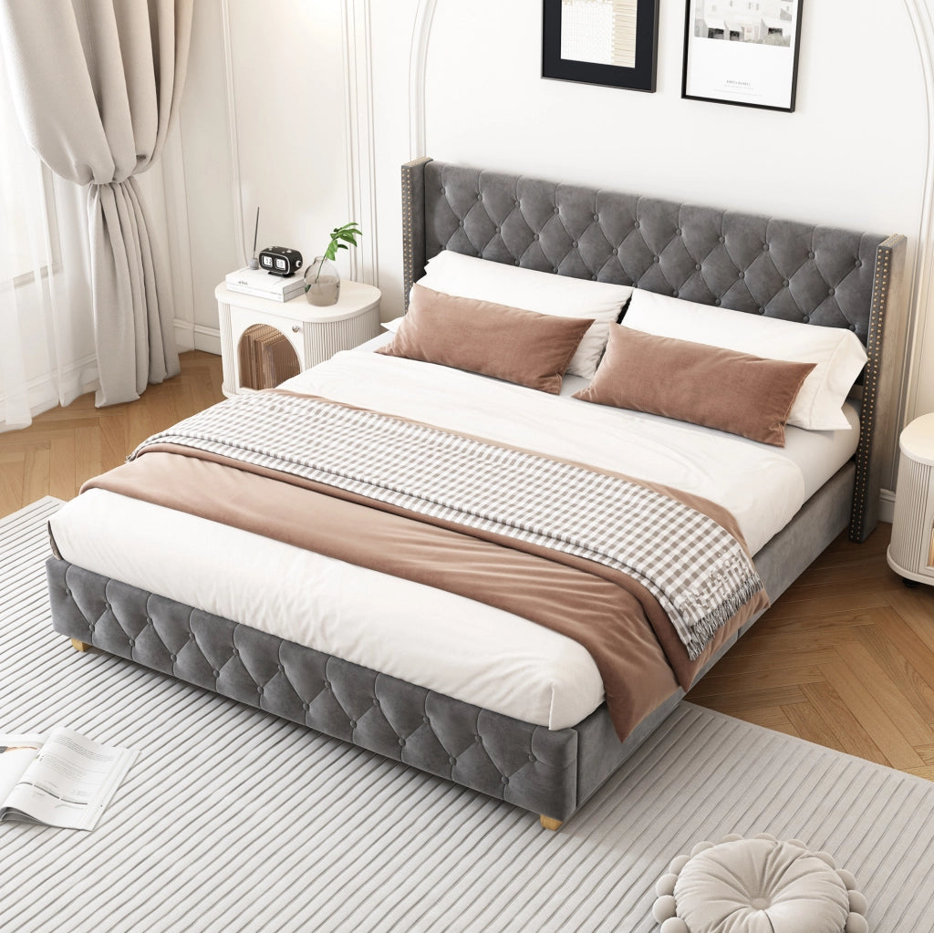 Letto imbottito 140x190 cm capitonn茅 con testiera; velluto grigio (Senza materasso)