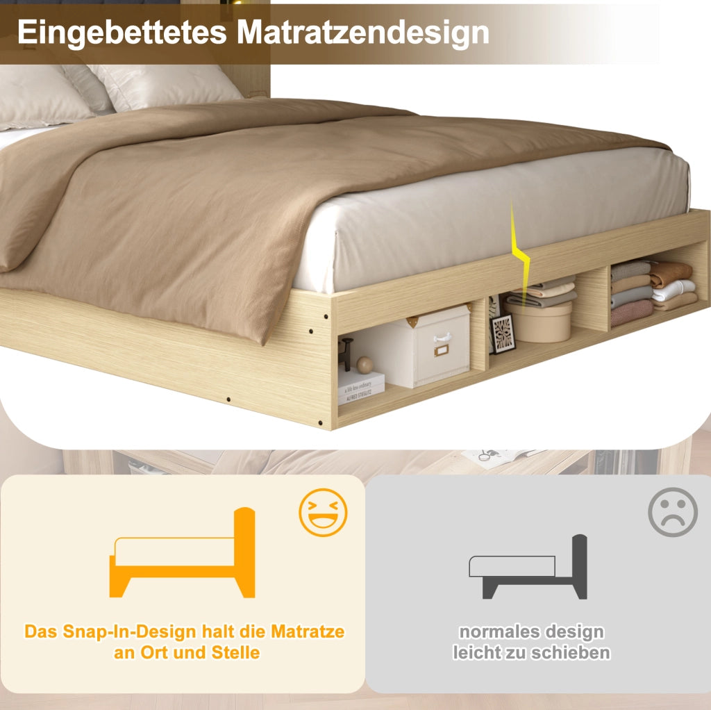 Letto contenitore 160x200 cm senza materasso; in MDF; rovere chiaro; con USB Type-C; lampada e 2 comodini