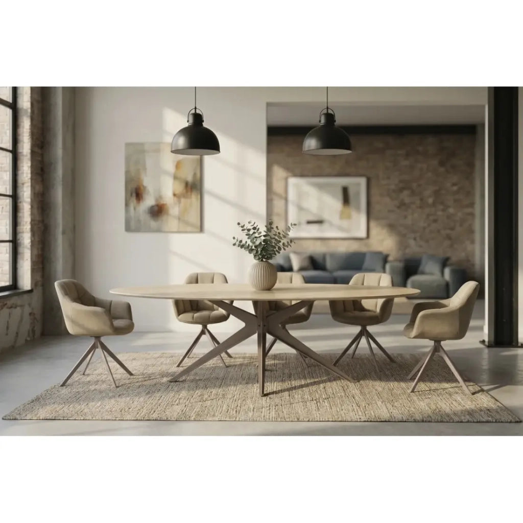 Tavolo da pranzo AVELIS ovale 220 cm in ceramica beige e metallo marrone stile contemporaneo