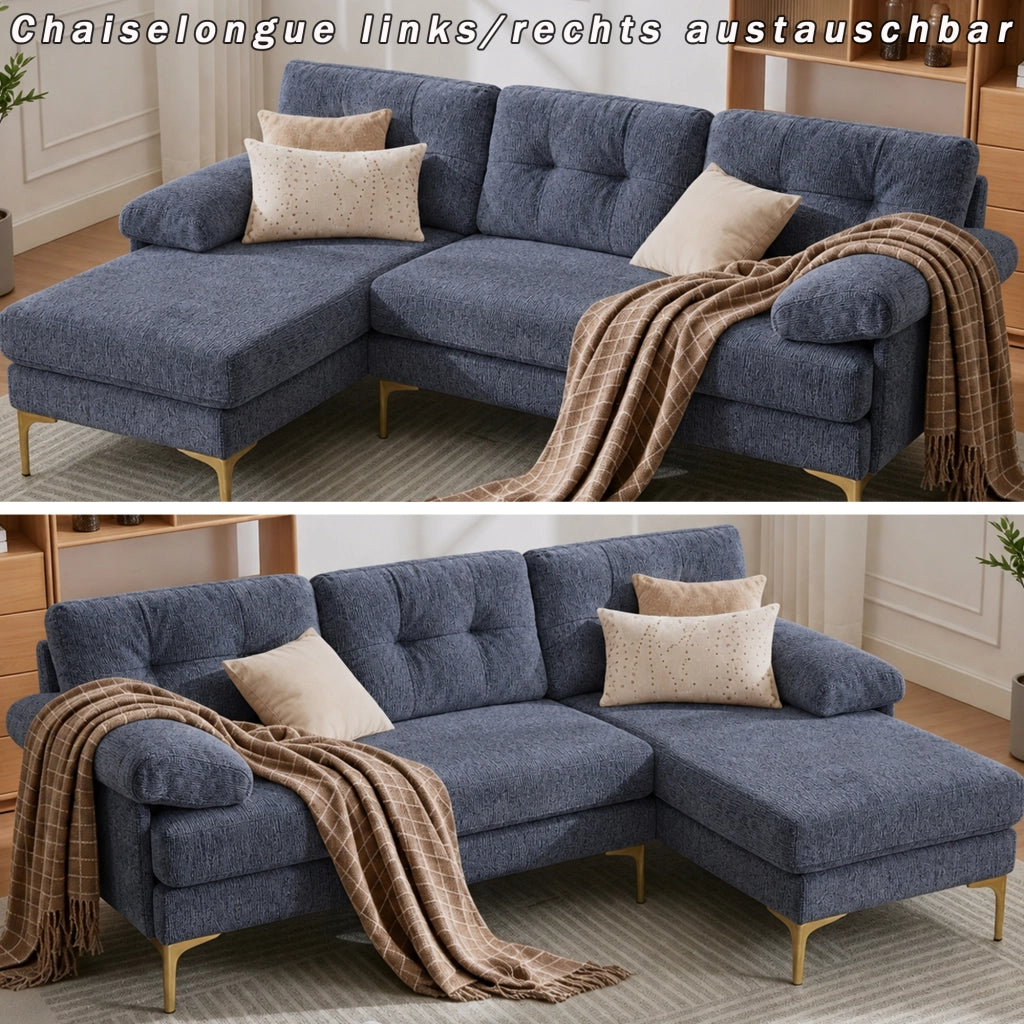 Divano angolare 3 posti convertibile con chaise longue reversibile e braccioli imbottiti in tessuto ciniglia blu 187.5 × 130 × 79 cm