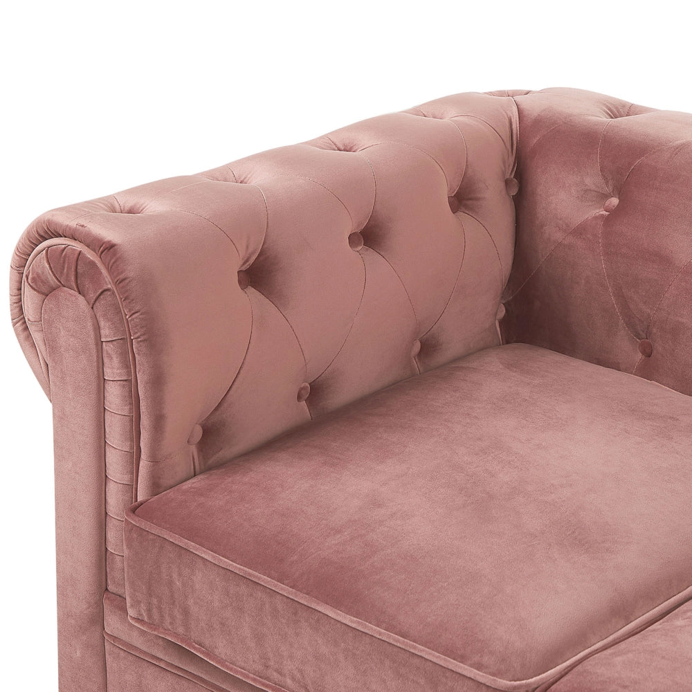Divano Chesterfield Tessuto Velluto Rosa Rivestimento Gambe Nere 3 Posti