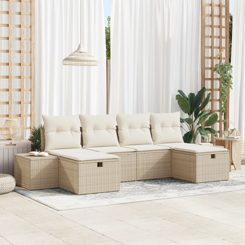Set di Divani da Giardino da 6 pezzi con Cuscini Beige in Rattan Sintetico