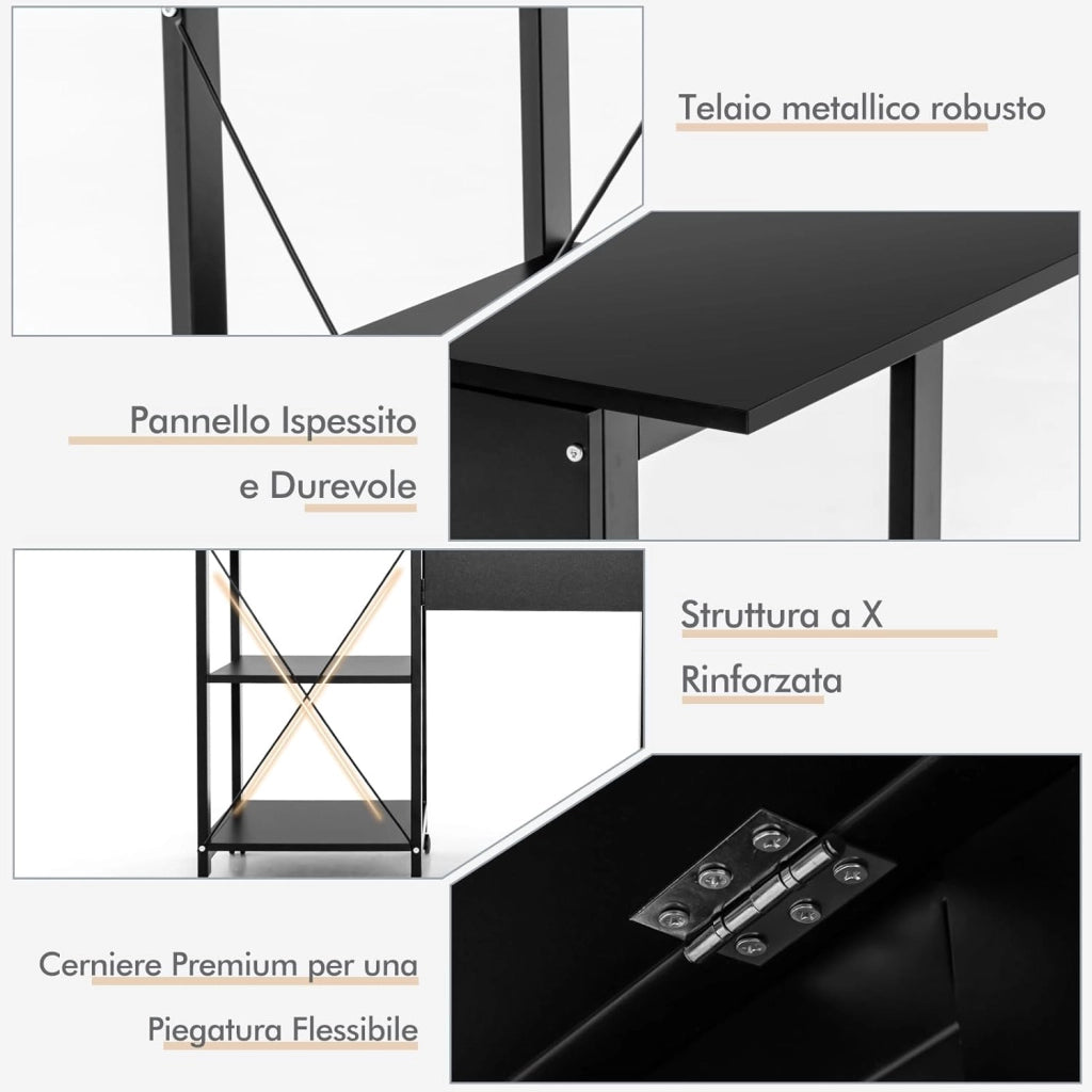 Scrivania Pieghevole per Computer, Scrivania Moderna con 2 Mensole, Postazione di Lavoro per PC con 6 Ruote, Scrivania Compatta Salva Spazio per Casa Ufficio, Marrone (Nero)