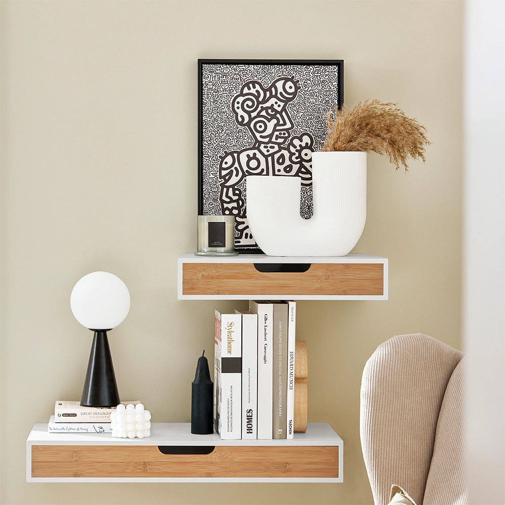 SoBuy | Set di 2 mensole a parete bianche con cassetto | Mensola galleggiante con cassetto integrato | Mensole da muro in MDF verniciato | 40×24×8 cm | Capacità di carico 16 kg | FRG92-WNX2