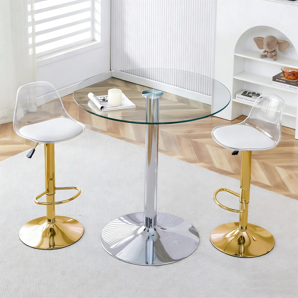 Tavolo da pranzo rotondo in vetro con 2 sgabelli regolabili e girevoli, per cucina, bar e lounge moderne, 89 cm