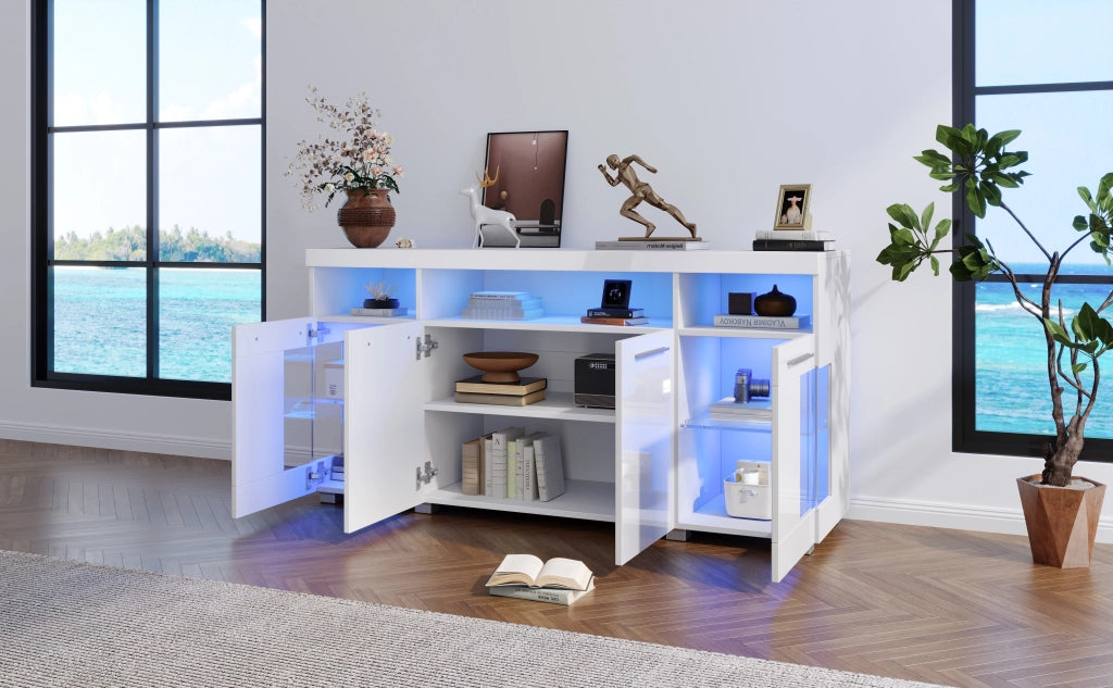 Credenza e madia con LED e ante in vetro temperato, 3 cassetti e 6 vani, per soggiorno, bianco, 140 × 40 × 70 cm