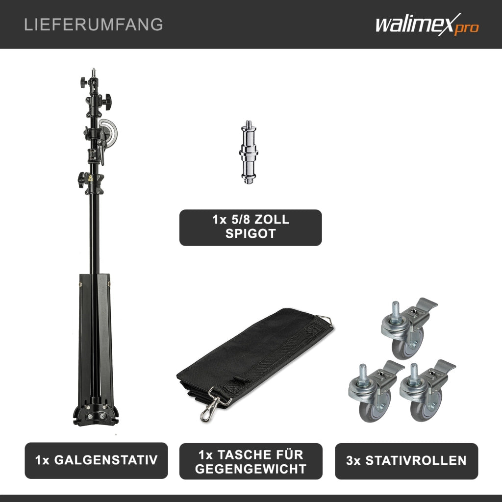 Stativo a giraffa con ruote, treppiede regolabile in altezza da 130 a 390 cm, braccio telescopico estensibile da 115 a 215 cm, stabile supporto per lampade da studio, softbox e riflettori