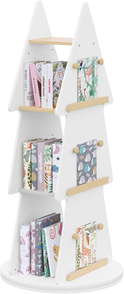 Libreria per Bambini, Libreria Rotante a 4 Ripiani, Porta Libri per Bambini ad Albero, Libreria Girevole per Cameretta, Nido Asilo, Scaffale Bianco, in Legno, Ø48x103,5cm