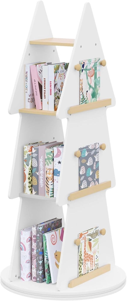 Libreria per Bambini, Libreria Rotante a 4 Ripiani, Porta Libri per Bambini ad Albero, Libreria Girevole per Cameretta, Nido Asilo, Scaffale Bianco, in Legno, Ø48x103,5cm