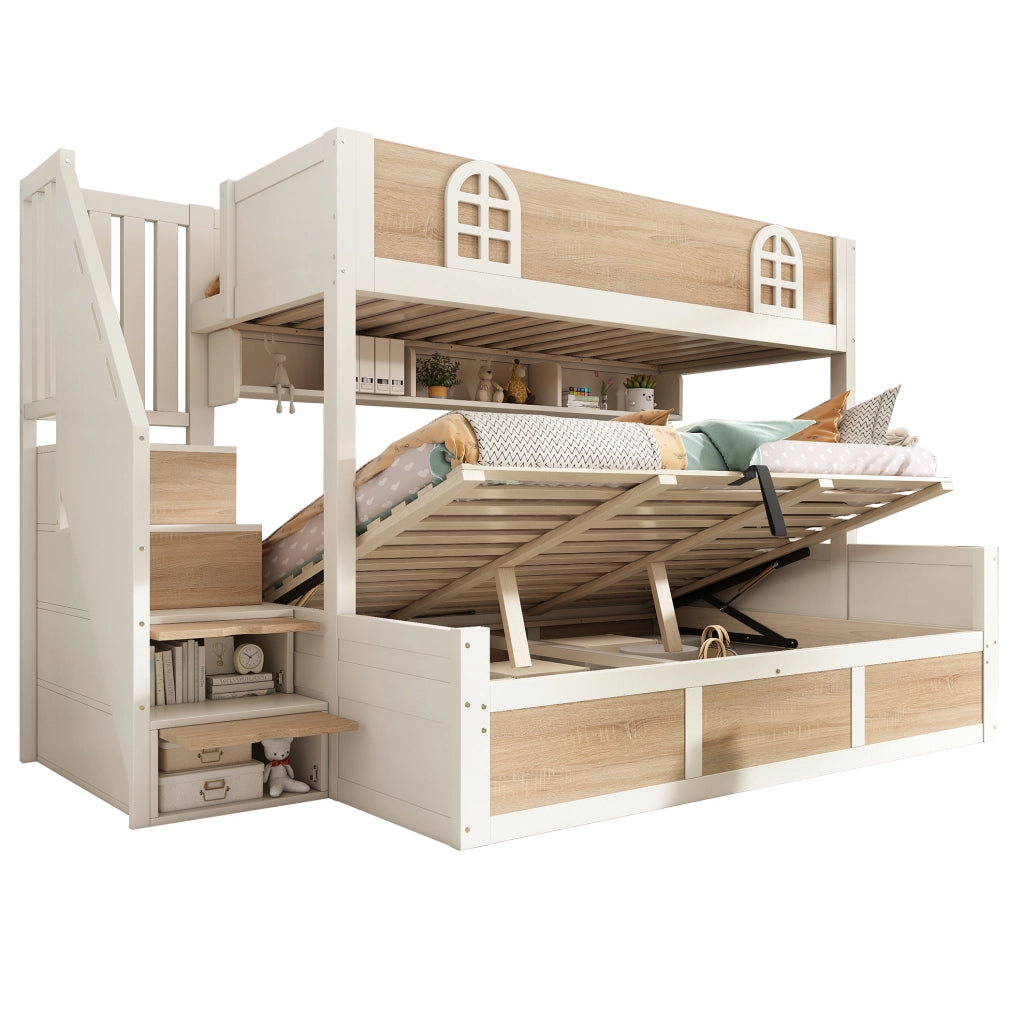 Letto a castello con scala contenitore 90x200 e 140x200 cm in legno bianco e naturale