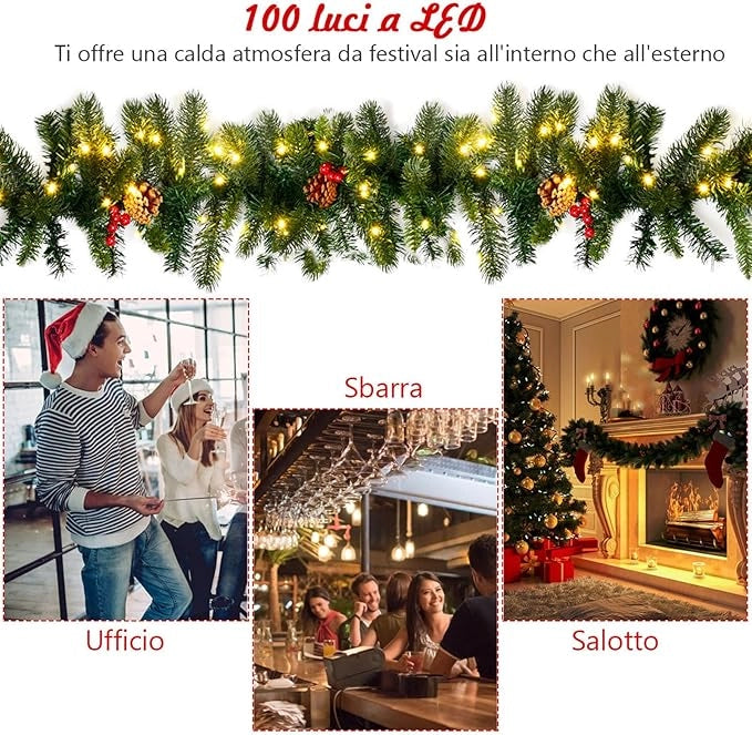 Ghirlanda di Natale di Pino Illuminata 270 cm, Ghirlanda Artificiale in Rattan di Natale con 100 luci LED, Ghirlanda Decorativa Illuminata con Timer, Ideale per Uso Interno ed Esterno