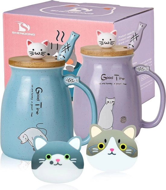 Set di 2 Tazze per Gatti, Tazze Cinesi in Ceramica con Coperchio in Bamboo e Cucchiaio, Tazza Divertente per la Colazione, Tazza per Caffè, Latte e Tè, Mug con Animale 3D per Amanti dei Gatti (Azzurro e Viola)
