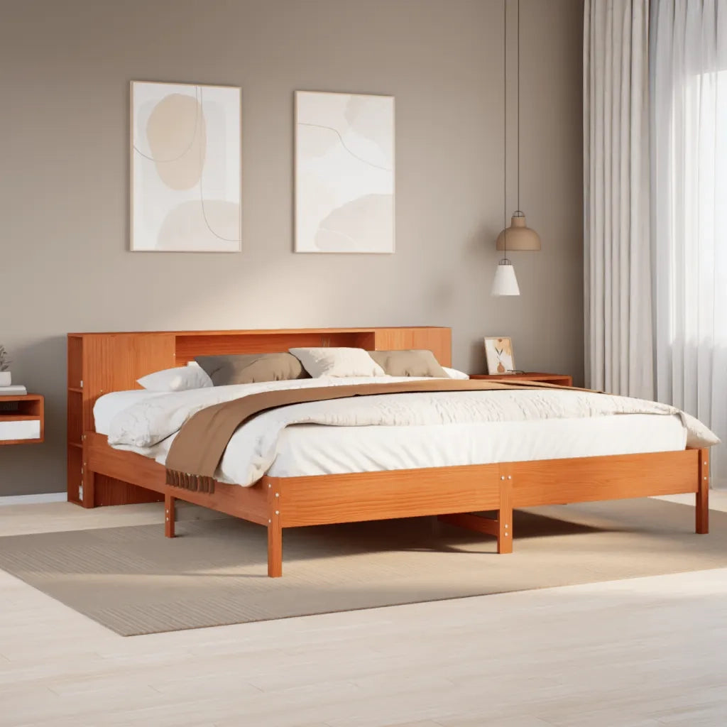Letto matrimoniale | Letto per adulti | Letto Libreria senza Materasso Marrone Cera 200x200 cm in Pino