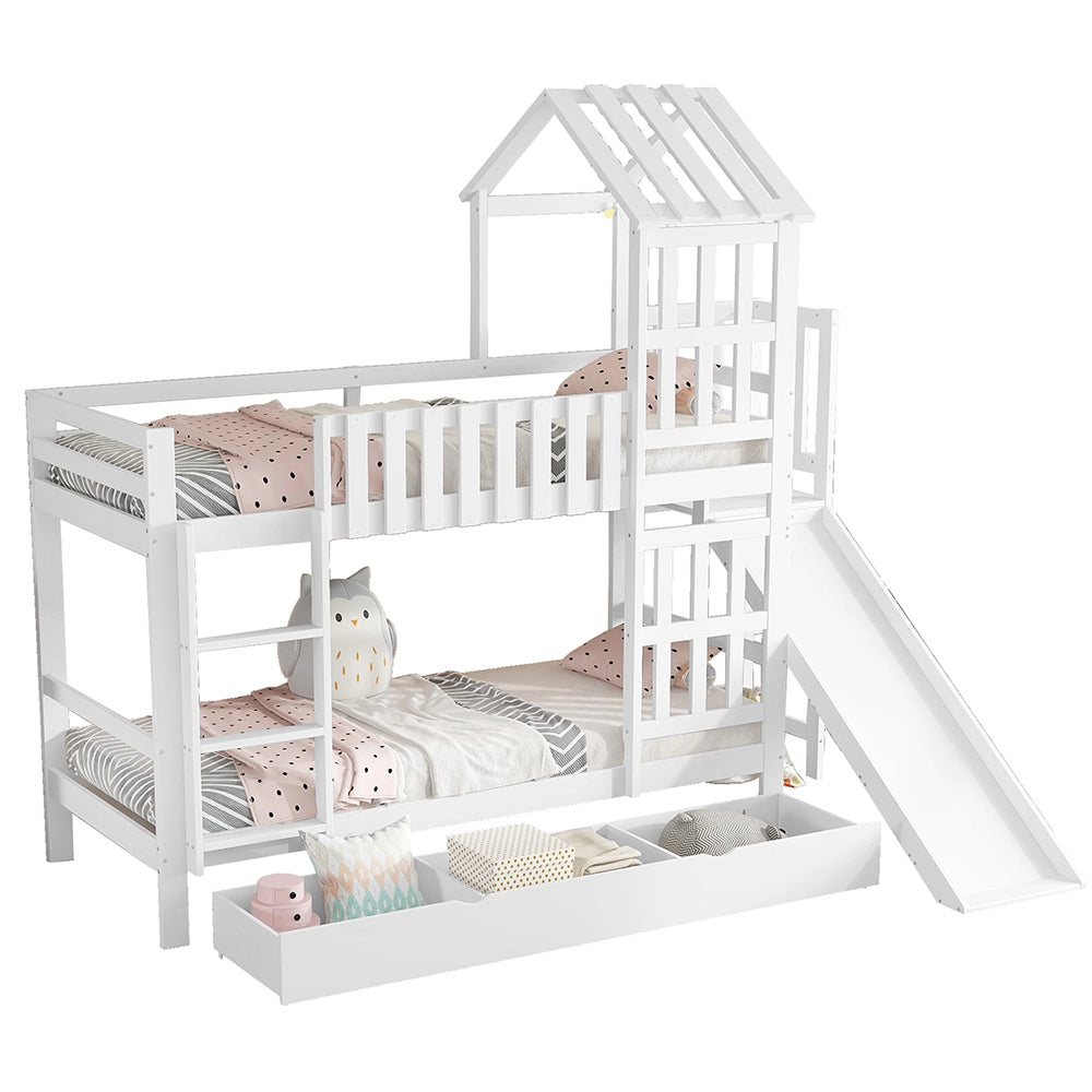 Letto a castello con scivolo - Xylo - 90x200cm bianco, tetto finestrato