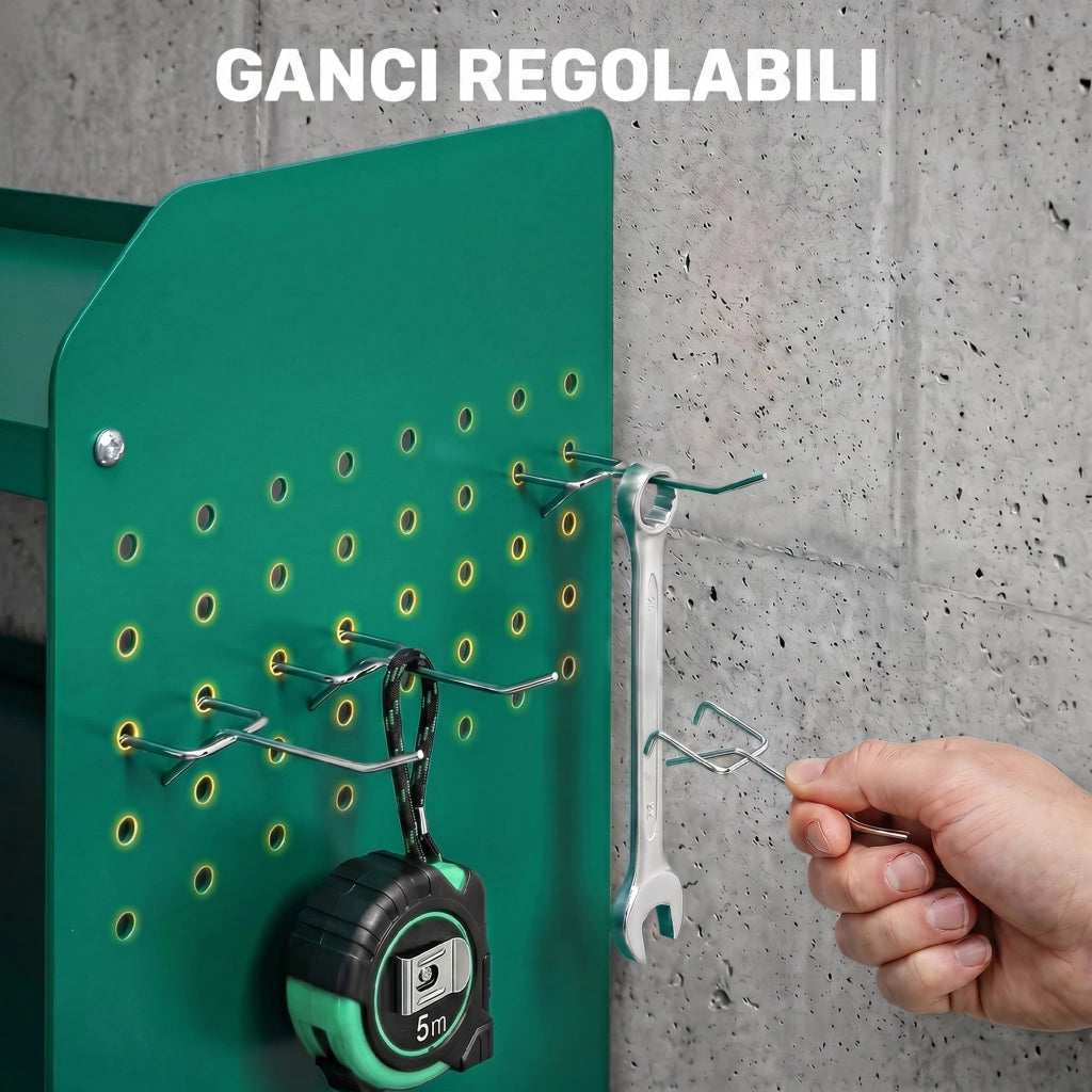 Porta Attrezzi da Parete 61,8x23x32,7 cm con Supporto per 5 Trapani Elettrici e Vassoio Laterale in Metallo Verde