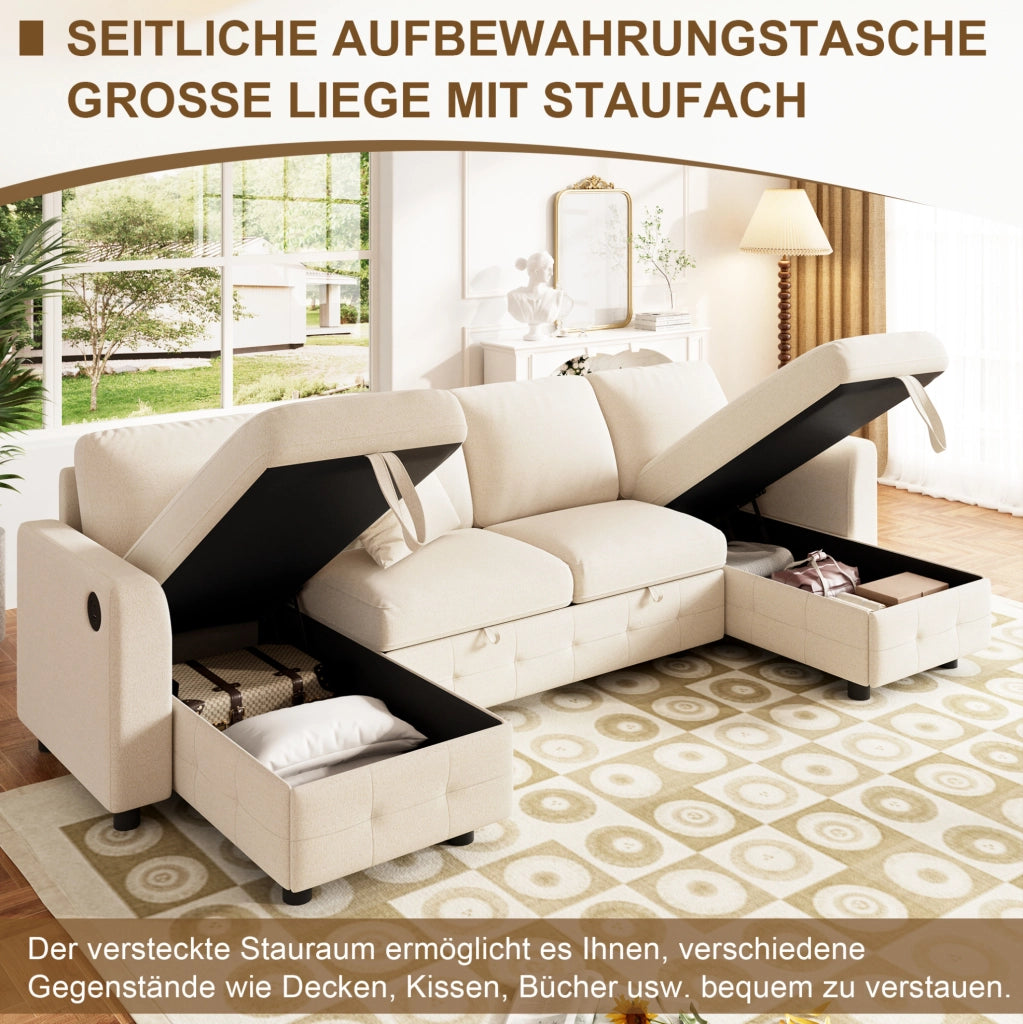 Divano letto angolare a U in chenille beige con contenitore, USB e Type-C