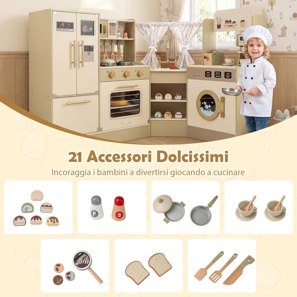 Cucina Giocattolo d'Angolo per Bambini, Cucina Gioco in Legno con Forno, Tostapane, Macchina del Caffè, Frigorifero e 21 Accessori, Gioco Educativo per Bambini 3+ Anni, 146,5 x 54 x 85,5 cm