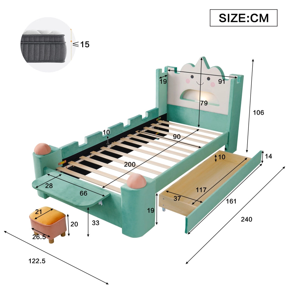 Letto imbottito 90x200 cm con lampada LED; USB e cassetto in velluto blu-verde