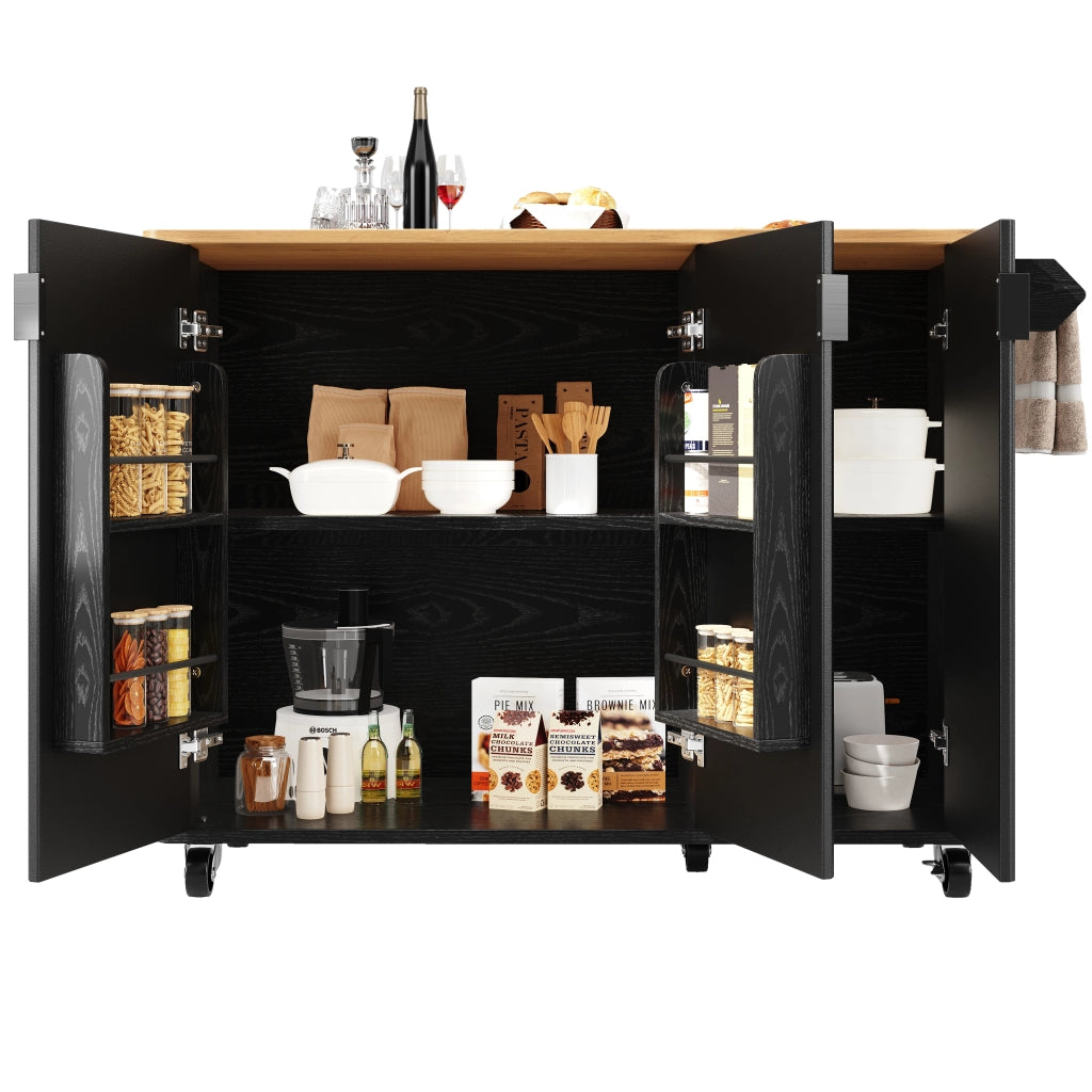 Carrello da Cucina con 3 Ante; Piano Pieghevole; Portaasciugamani e Ripiani Regolabili; in MDF; 130 x 45 (75) x 92 cm; Nero