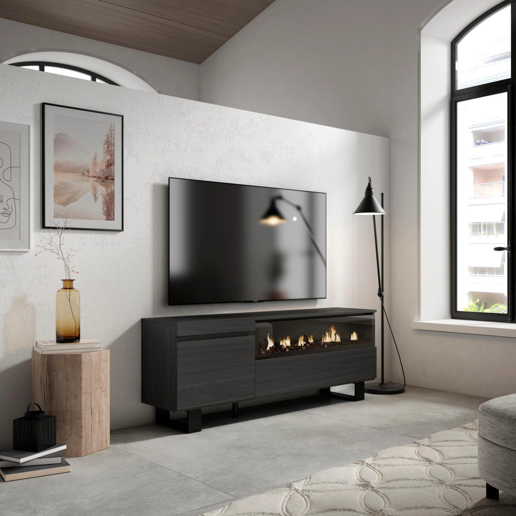 Mobile TV Soggiorno, 150x35x57cm, Per TV fino a 65", Camino elettrico, Design industriale, Nero RF2485