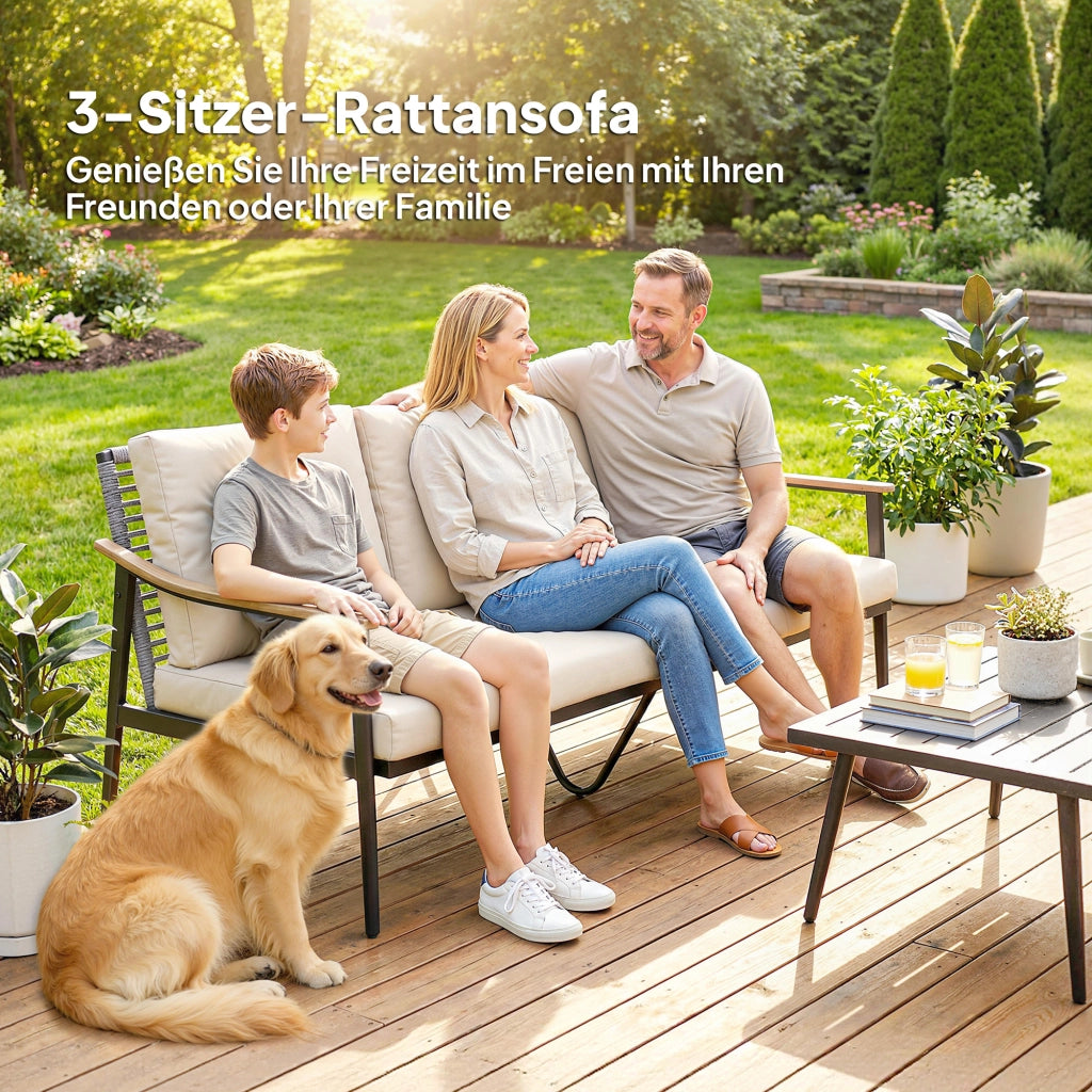 Divano da giardino 3 posti in polyrattan con cuscini rimovibili e braccioli in legno ¨C zephmum ¨C grigio chiaro
