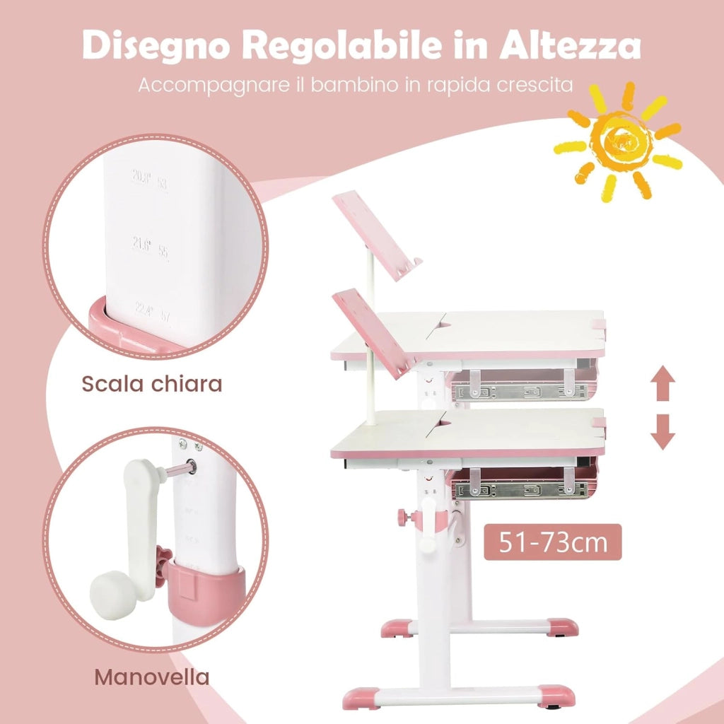Scrivania per Bambini, Tavolo per Studenti con Regolabile in Altezza, con Piano Ribaltabile, Libreria, Cassetti e Righello di Misurazione, Ergonomica, Ideale per Bambini 3-12 Anni (Pink)