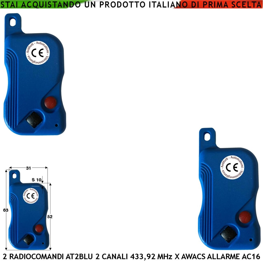Telecomando 2 Pezzi AT2 blu 2 Pulsanti Nero e Rosso Codici Univoci Trasmette Frequenza 433,92 MHz 2 Canali Gestione Della Centrale di Allarme Awacs AC16 CR2032