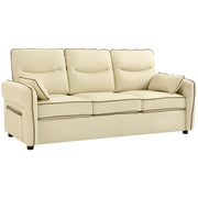 Divano 3 Posti 190x83x90 cm con Imbottitura Spessa Tasca Laterale e 2 Cuscini in Finta Pelle Beige
