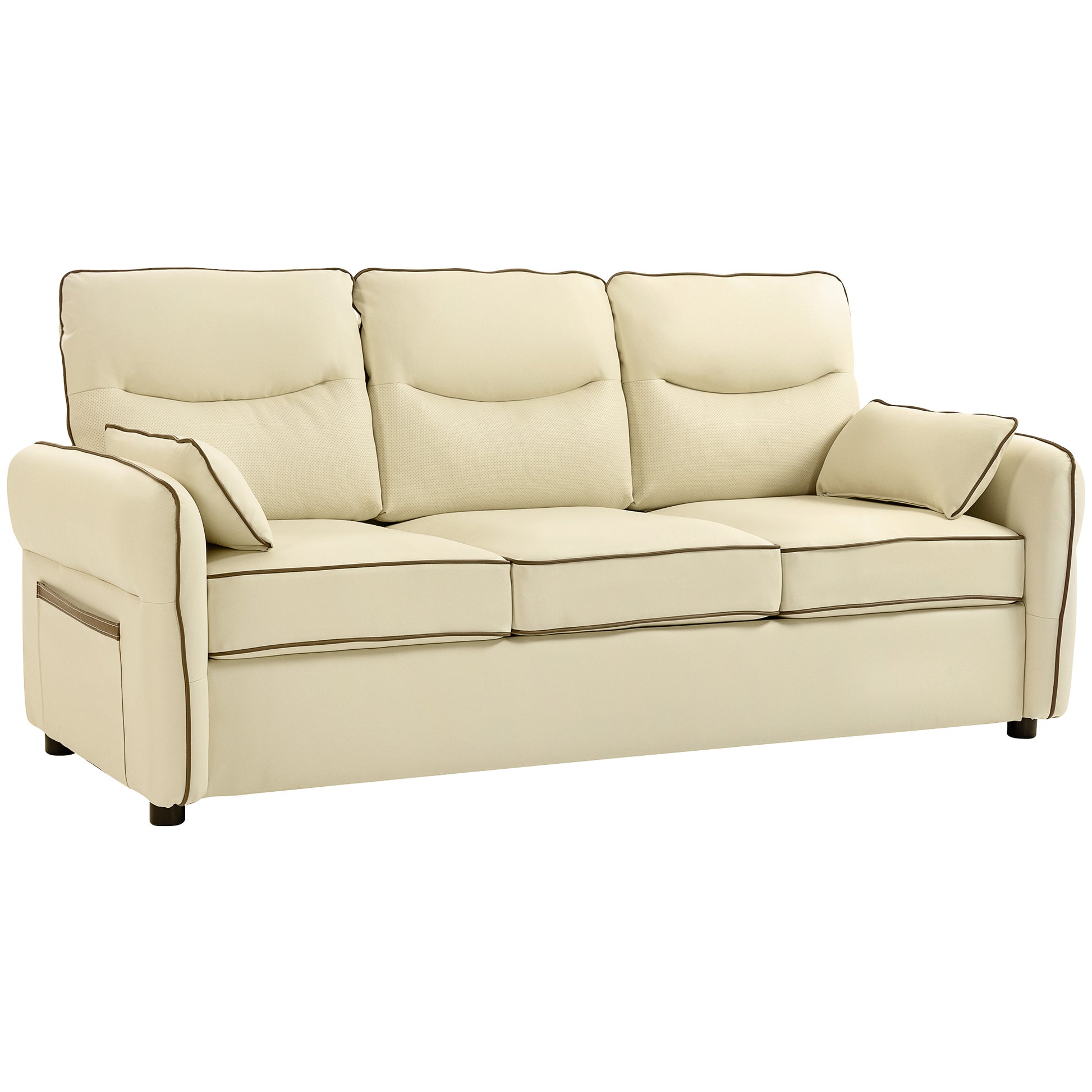 Divano 3 Posti 190x83x90 cm con Imbottitura Spessa Tasca Laterale e 2 Cuscini in Finta Pelle Beige