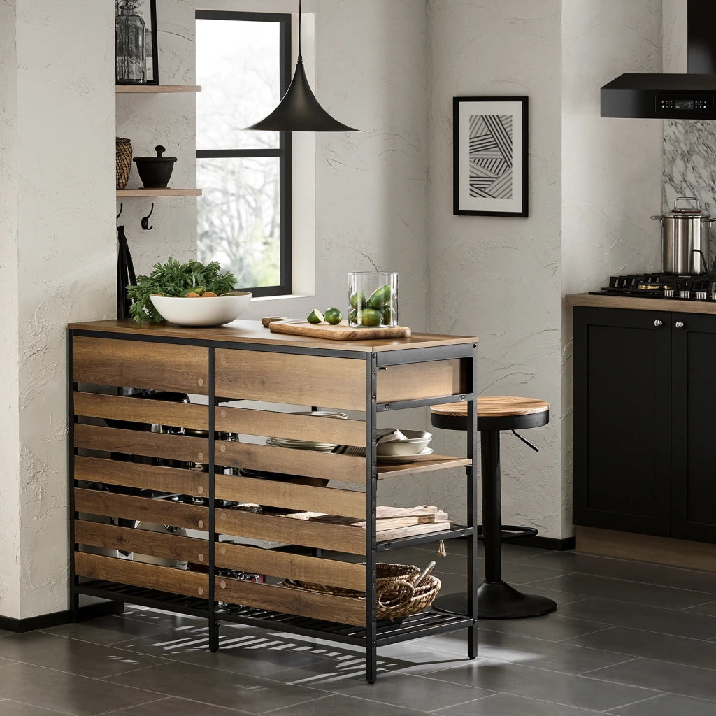 Credenza Isola Cucina Con 1 Cassetto E 5 Ripiani Aperti Cassettiera Credenza Ingresso Tavolo Bar Multifunzionale Stile Vintage 120x45x91cm FSB85-PF SoBuy