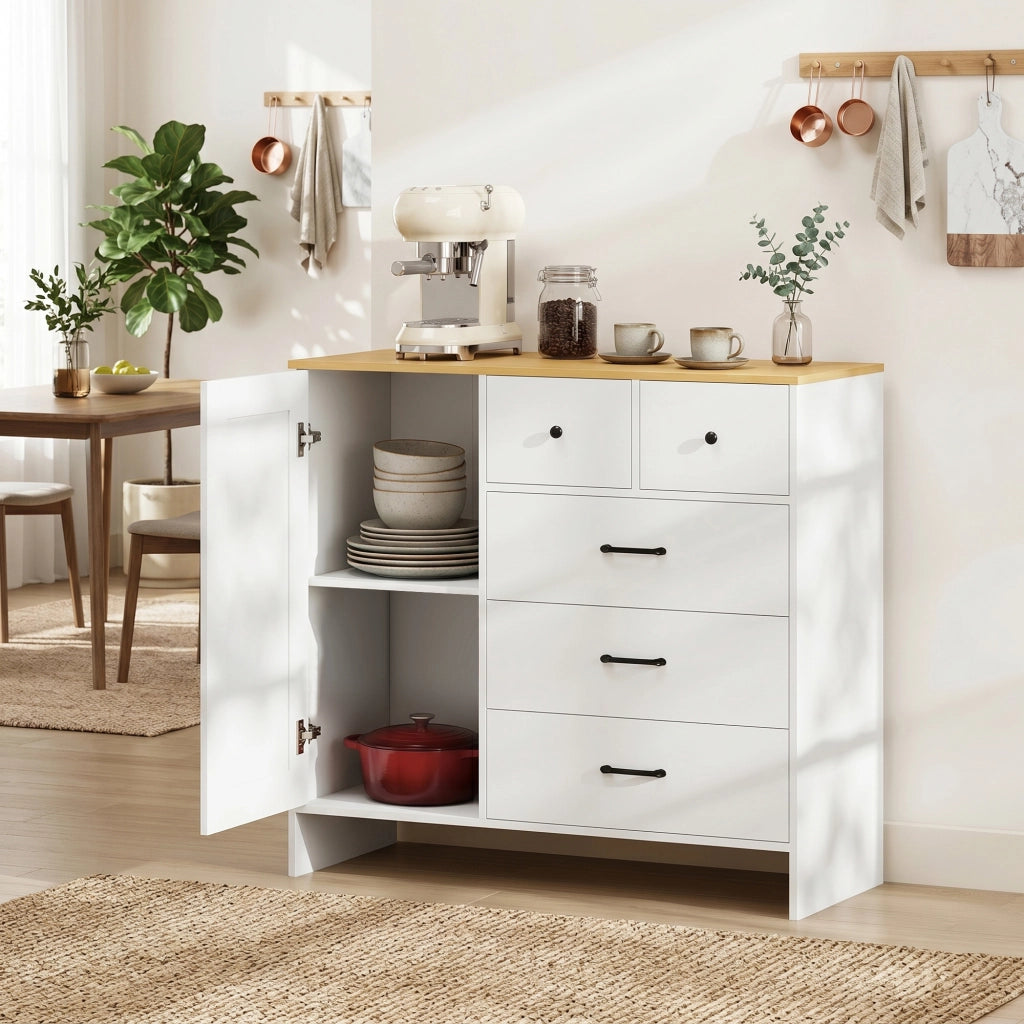 Credenza con 5 Cassetti e Anta Stile Rustico ¨C Xylo ¨C Bianco 100x40x94 cm