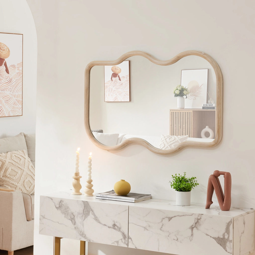 Specchio da Parete Bellerirnu Design Rettangolare con Lati Ondulati 90x60 cm Effetto Rovere Sonoma [en.casa]