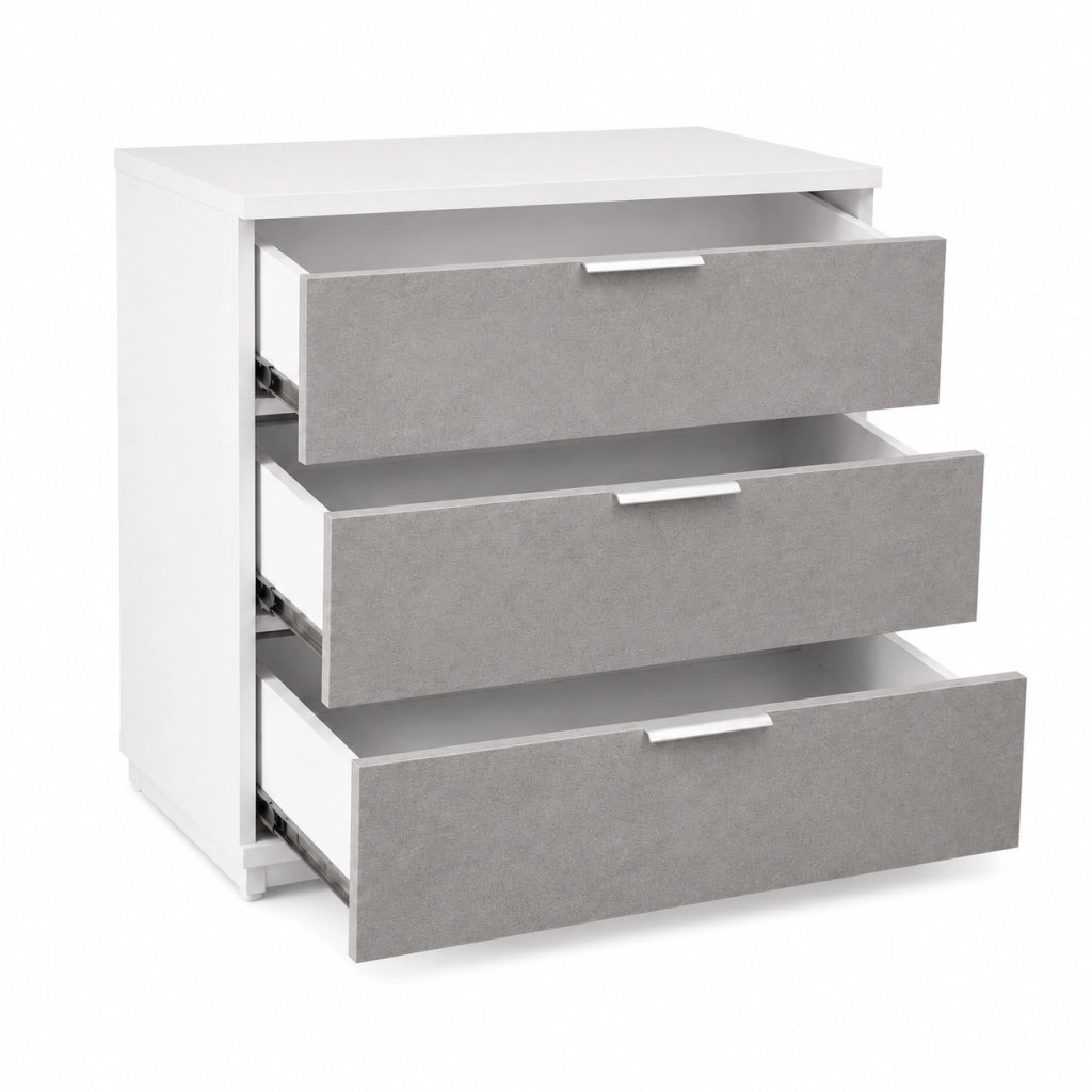 Comò 3 Cassetti Senza Piedi Cassettiera Design Minimal Mobile Per Camera Da Letto Studio E Lavanderia 77 X 38 X 80 Cm Bianco E Grigio Cemento